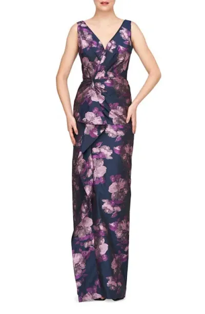 Kay Unger Kennedy Column Gown In Dark Ink/wisteria