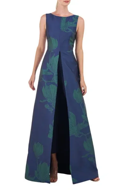 Kay Unger Lorena Floral Maxi Jumpsuit In Marine Blue/jade