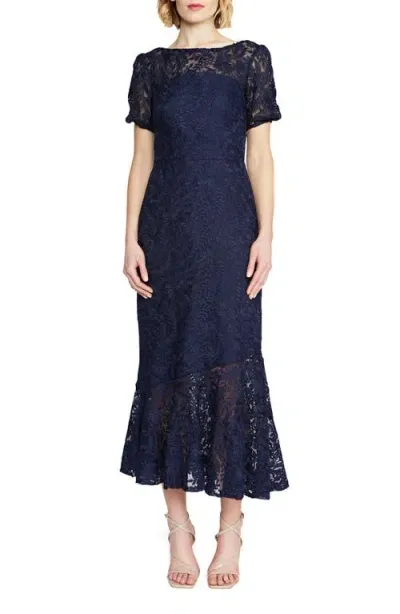 Kay Unger Portia Lace Asymmetric Hem Dress In Midnight