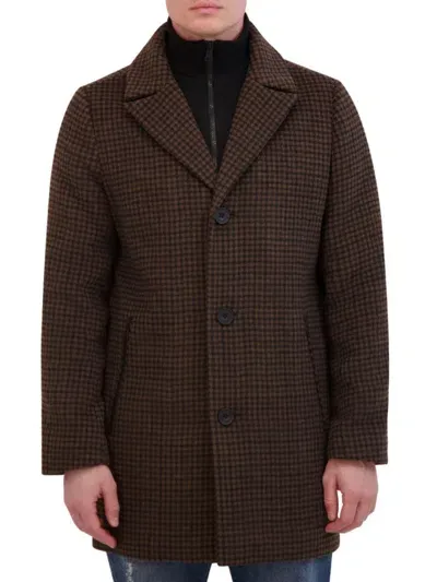 Kenneth Cole Men's Brush Houndstooth Textured Topcoat With Removable Bib In Brown Black