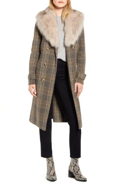 Kenneth Cole New York Plaid Wool Blend Coat With Removable Faux Fur Collar In Brown Plaid