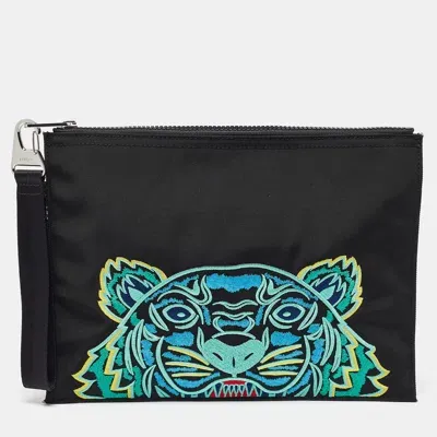 Pre-owned Kenzo Black Tiger Embroidered Leather Zip Flat Pouch