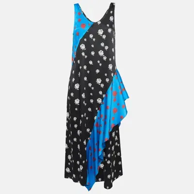 Pre-owned Kenzo Blue/black Rose Print Crepe Ruffled Midi Dress M