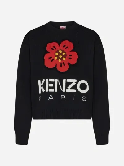 Kenzo Boke Flower Intarsia Wool Sweater In Black