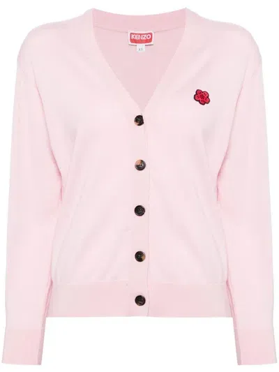 Kenzo Boke Flower Crest Wool Cardigan In Pink