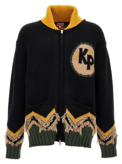 Kenzo Fringed High Collar Cardigan With Graphic Design In Multicolor