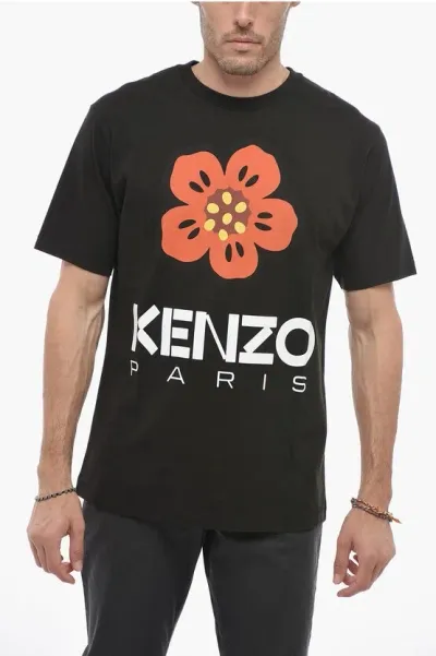 Kenzo Crewneck Poppy Printed T-shirt In Black