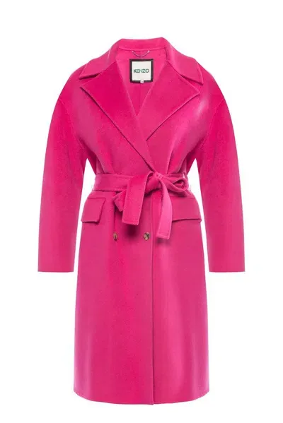 Kenzo Double Breasted Belted Coat In Pink