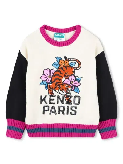 Kenzo Kids' Floral Tiger Intarsia Jumper In White