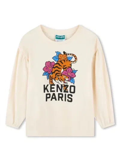 Kenzo Kids' Floral Tiger Print Long-sleeved T-shirt In Neutrals