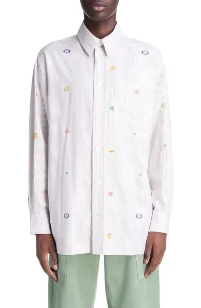 Kenzo Fruit Stickers Striped Shirt In Beige