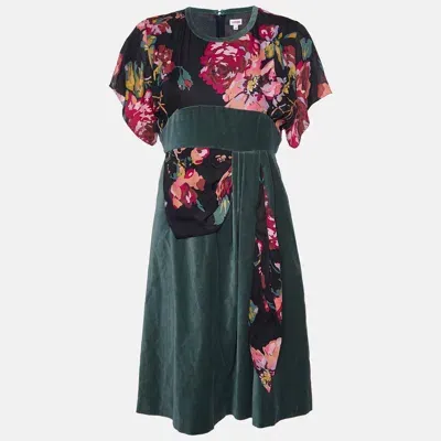 Pre-owned Kenzo Green Floral Print Silk & Velvet Knee-length Dress M