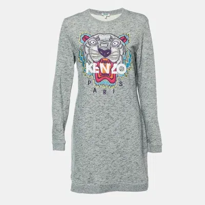 Pre-owned Kenzo Grey Melange Knit Tiger Embroidered Sweater Dress L