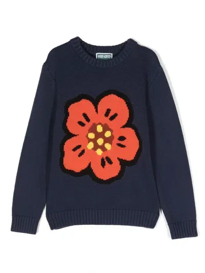 Kenzo Kids' Intarsia-knit Cotton-wool Sweatshirt In Blue