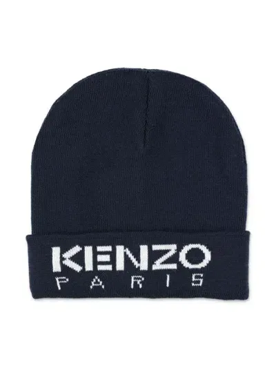 Kenzo Kids' Intarsia Knit-logo Beanie In Blue