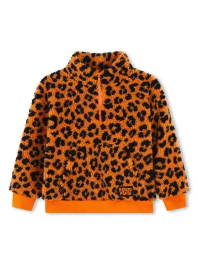 Kenzo Kids' Leopard Print Faux-shearling Sweatshirt In Orange