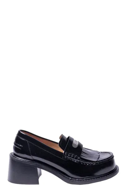 Kenzo Black Leather Fringed Smile Heeled Loafers