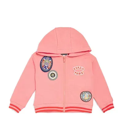 Kenzo Kids' Logo Patches Zipped Hoodie In Pink