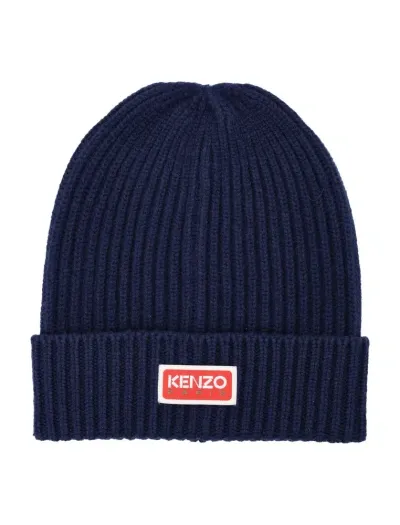 Kenzo Logo Patch Knit Beanie In Navy