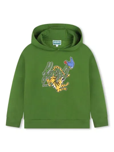 Kenzo Kids' Logo-print Fleece-texture Hoodie In Green