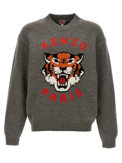 Kenzo Lucky Tiger Embroidered Knit Jumper In Grey