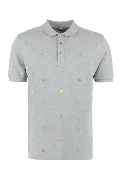 Kenzo Pixels Embroidered Cotton Polo Shirt In Pearl Grey