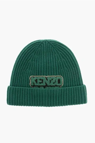 Kenzo Ribbed Wool Beanie Hat In Green