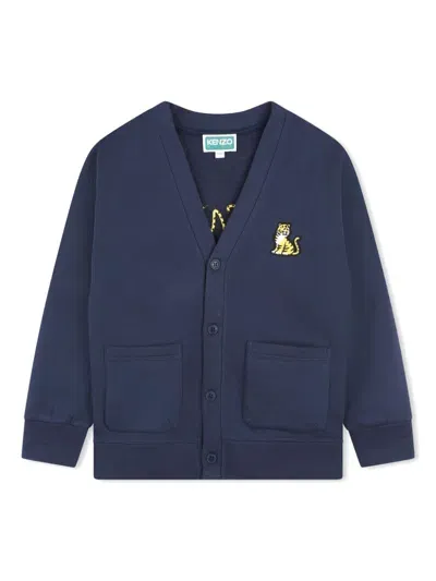 Kenzo Kids' Logo-embroidery V-neck Stretch-cotton Jersey Cardigan 8-14 Years In Navy