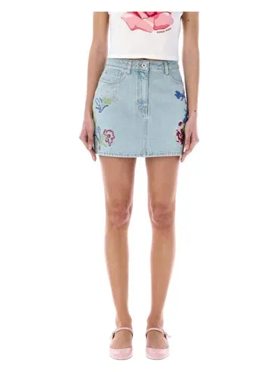 Kenzo Floral-embroidered Denim Mini Skirt In Stone Washed Blue