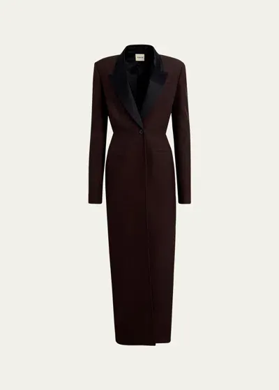 Khaite Bellow Long Peacoat With Satin Lapels In Dark Brown