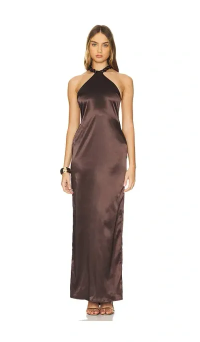 Khanums Satin Halter Maxi Dress In 브라운