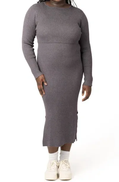 Kindred Bravely Long Sleeve Nursing/maternity Rib Two-piece Sweater Dress In Charcoal