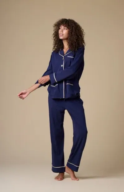 Kip. Kip Luxe Stretch Cotton Pajama Set In Midnight Blue