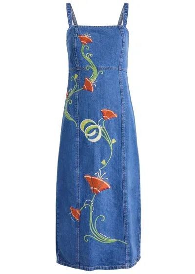 Kitri Ursula Floral-embroidered Denim Midi Dress