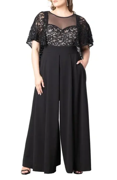 Kiyonna Sequin Lace Cape Jumpsuit In Black/nude