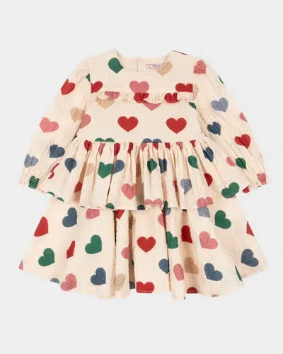 Konges Slojd Kids' Girl's Elin Heart-print Frill Dress In Bon Coeur Colore Frappe