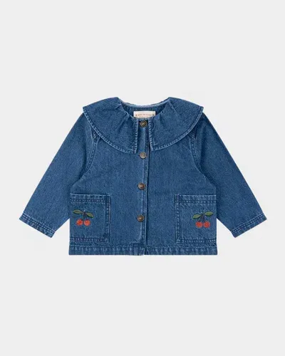 Konges Slojd Kids' Girl's Magot Denim Cherry Embroidered Denim Shirt In Denim Blue Cherry