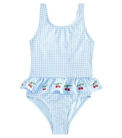 Konges Slojd Kids' Soline Embroidered Gingham Swimsuit In Blau