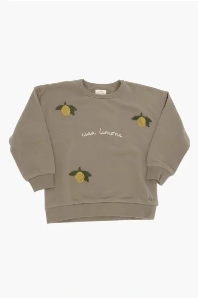 Konges Slojd Kids' Organic Cotton Lou Crew-neck Sweatshirt With Lemon Embroider In Green