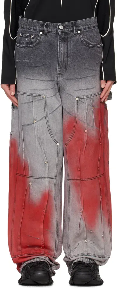 Kusikohc Gray & Red Workwear Multi Rivet Jeans In Grey Printed Red