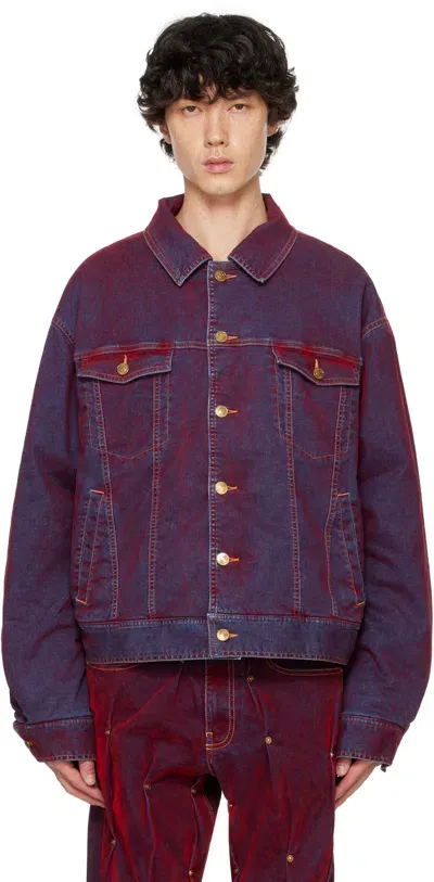 Kusikohc Red Velvet Padded Multi Rivet Denim Jacket In Velvet Red