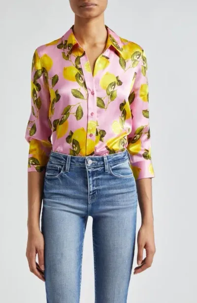 L Agence Dani Lemon Print Silk Blouse In Cotton Candy Lemon