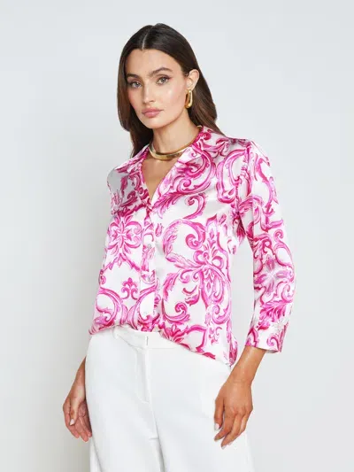 L Agence Dani Silk Blouse In White Pink Mediterranean Tile