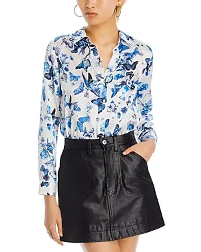 L Agence L'agence Tyler Floral Butterfly Print Silk Button-up Shirt In White Blue Butterflies