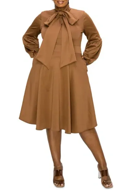 L I V D Bekah Long Sleeve Fit & Flare Dress In Tobacco