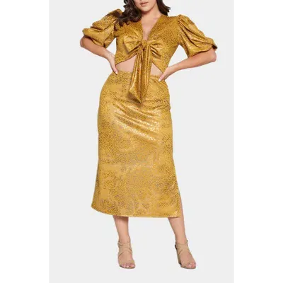 L I V D Cheetah Print Foil Tie Front Ponte Crop Top & Skirt Set In Mustard