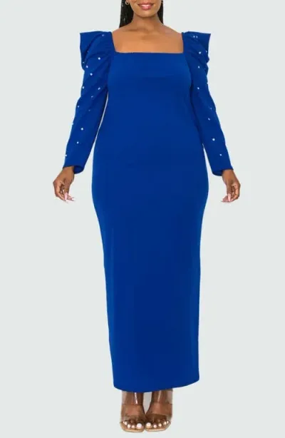 L I V D Evangeline Rhinestone Long Sleeve Gown In Royal