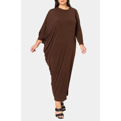 L I V D Louella Asymmetrical Long Sleeve Stretch Maxi Dress In Brown