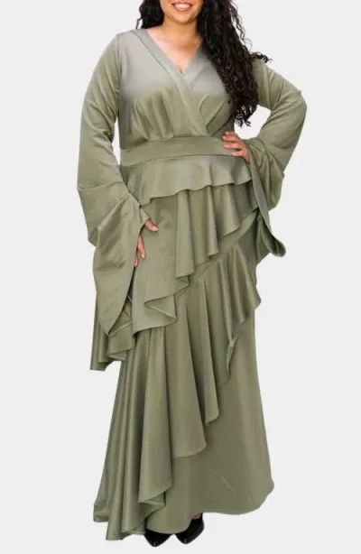 L I V D Zeta Ruffled Long Sleeve Drama Dress In Dk Sage