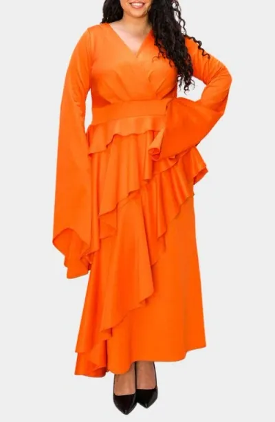 L I V D Zeta Ruffled Long Sleeve Drama Dress In Tangerine